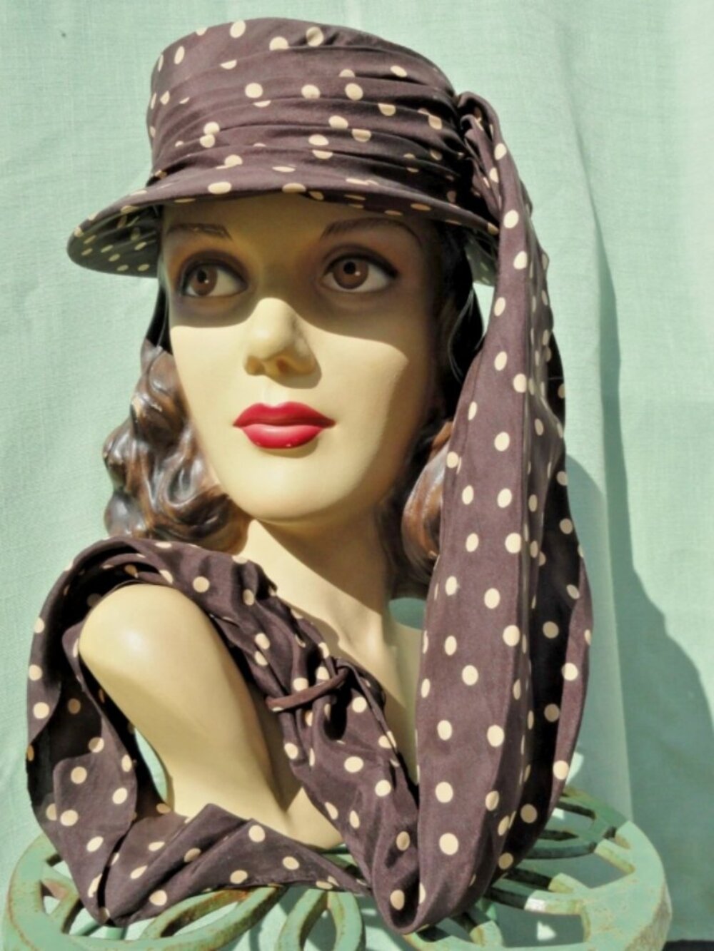 1940s Brown Polka Dot Tilt Hat with Attached Scarf | Vintage Ladies Hat